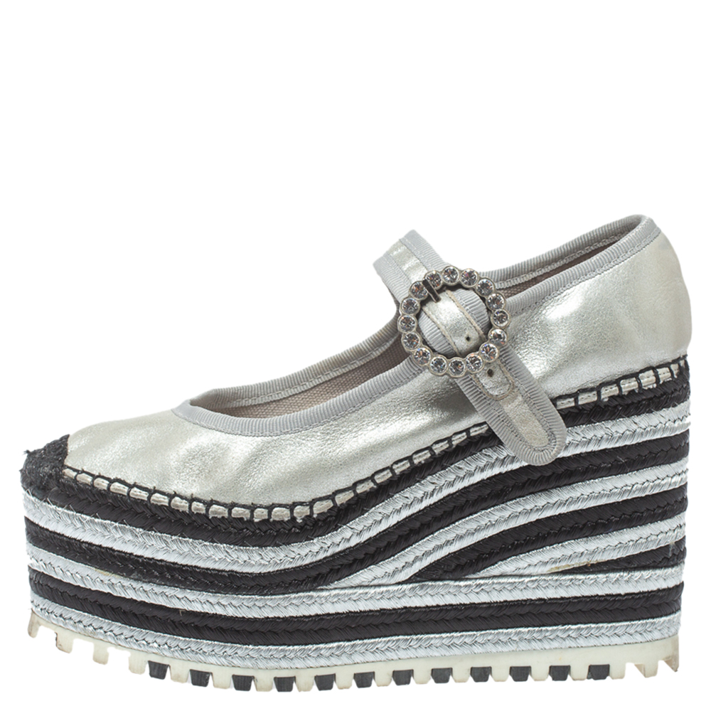 

Marc Jacobs Metallic Silver Leather Crystal Embellished Suzi Mary Jane Platforms Espadrilles Size