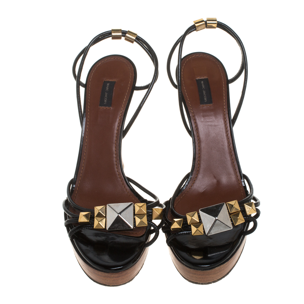 Marc Jacobs Black Patent Leather Studded Ankle Strap Platform Slingback Sandals Size 38.5
