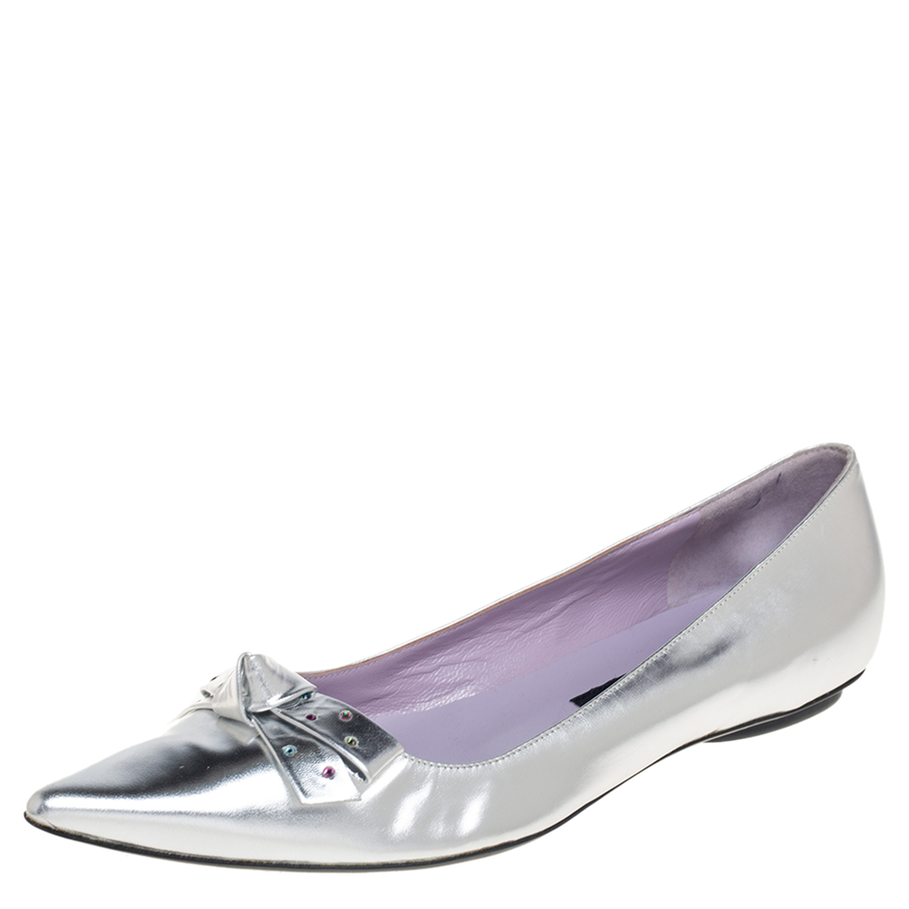 Marc Jacobs Silver Leather Pointed Toe Bow Ballet Flats Size 37.5