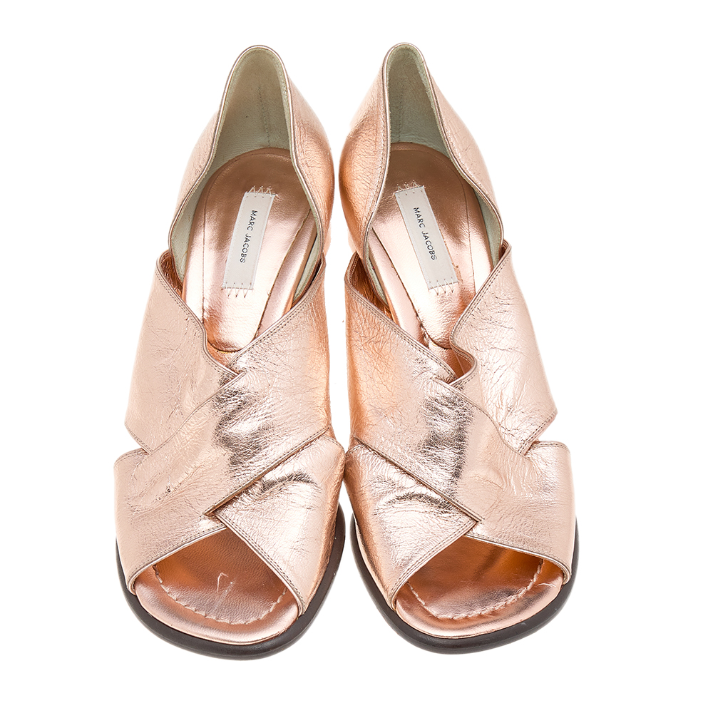 Marc Jacobs Metallic Rose Gold Leather Criss Cross Open Toe Pumps Size 36.5