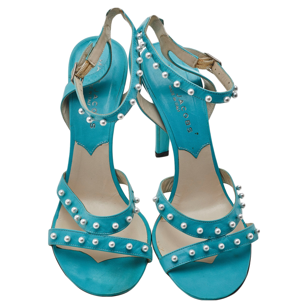 Marc Jacobs Blue Leather Embellished Ankle Strap  Sandals Size 38