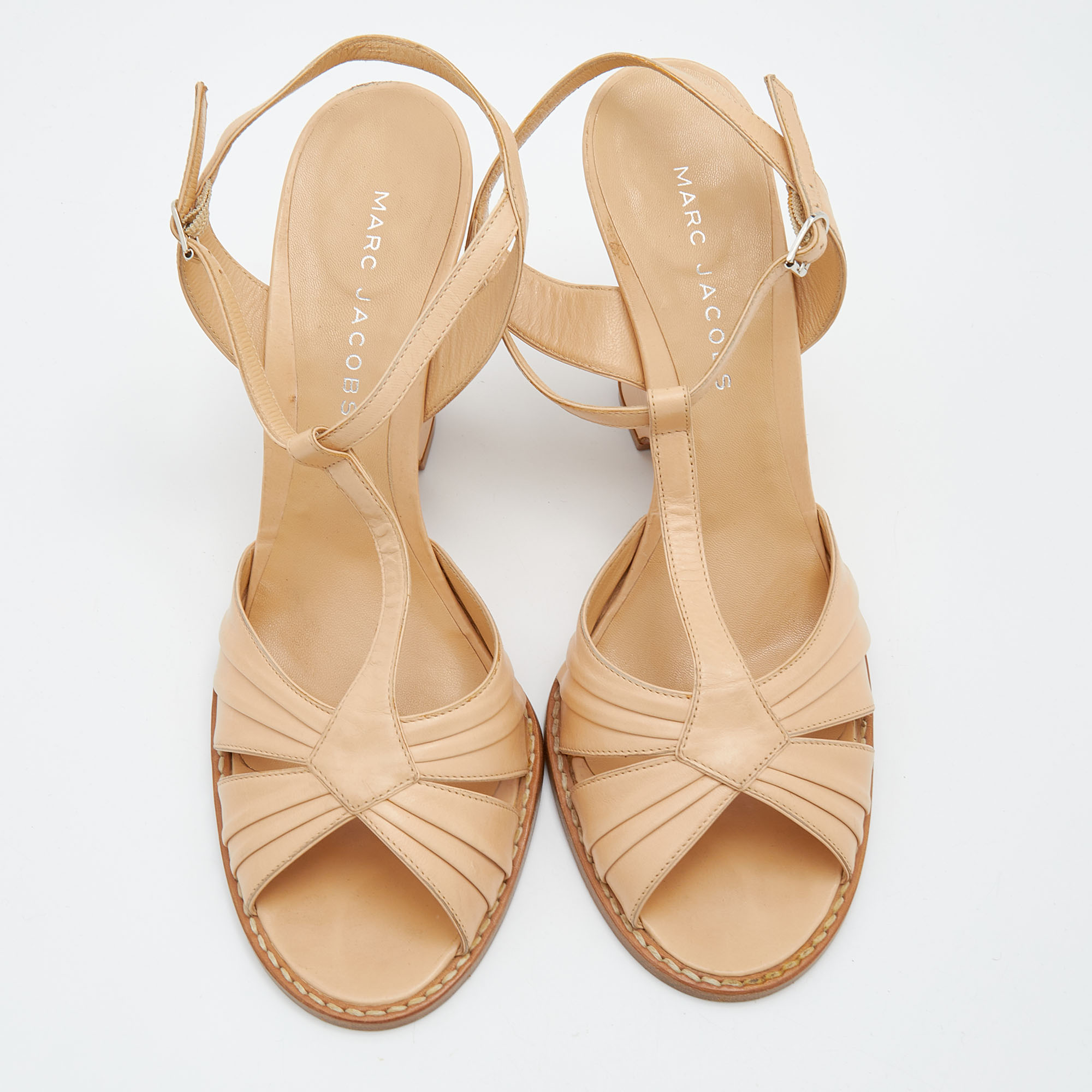 Marc Jacobs Beige Leather Ankle Strap Wedge Sandals Size 39.5
