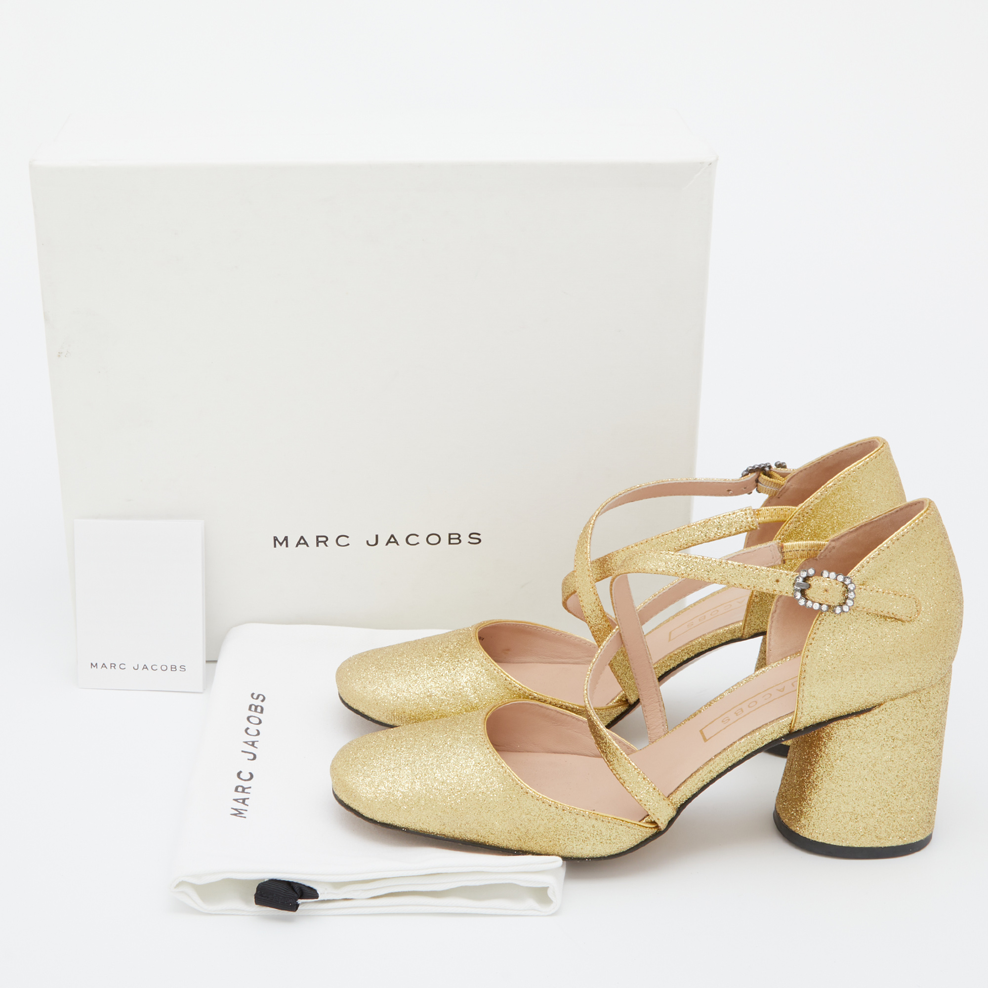 Marc Jacobs Gold Glitter Block Heel Ankle Strap Sandals Size 38