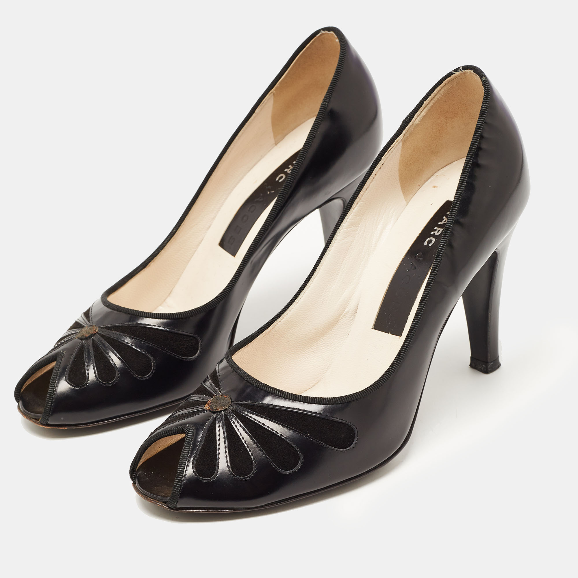 Marc Jacobs Black Leather And Suede Peep Toe Pumps Size 36.5