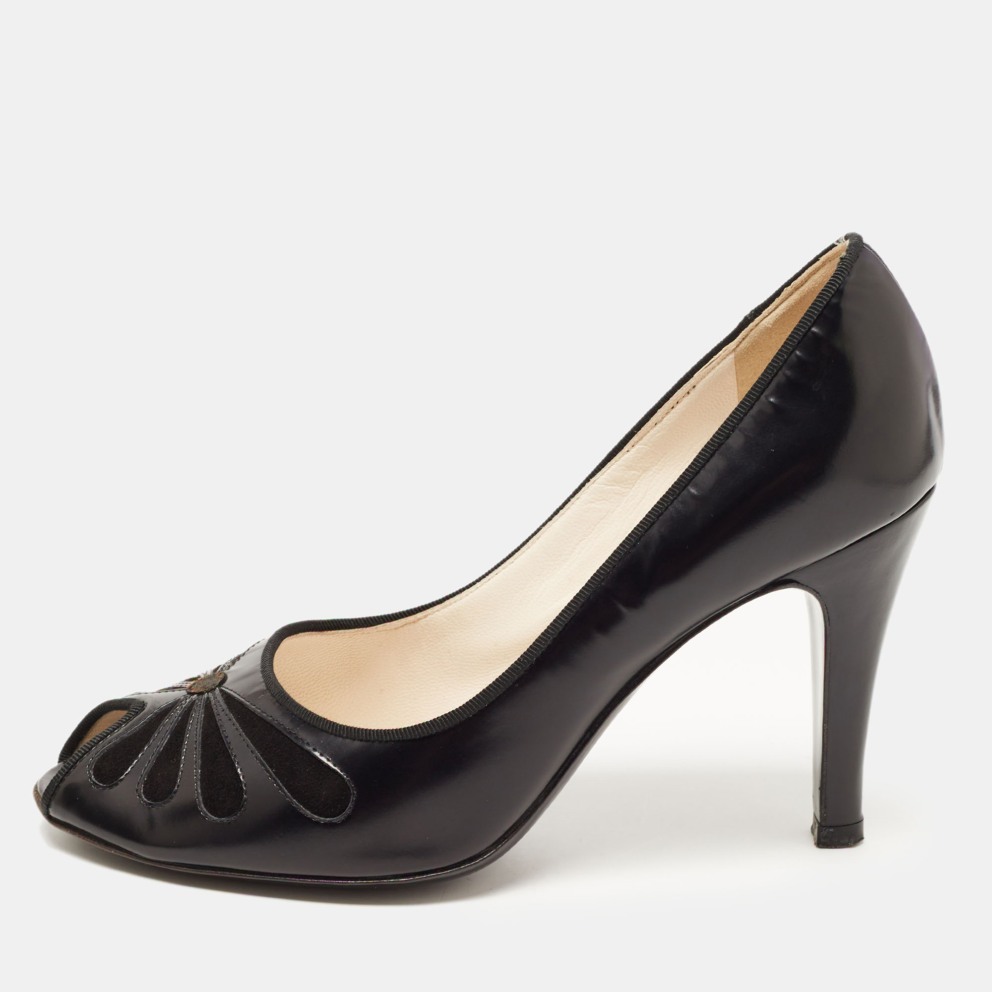 Marc Jacobs Black Leather And Suede Peep Toe Pumps Size 36.5