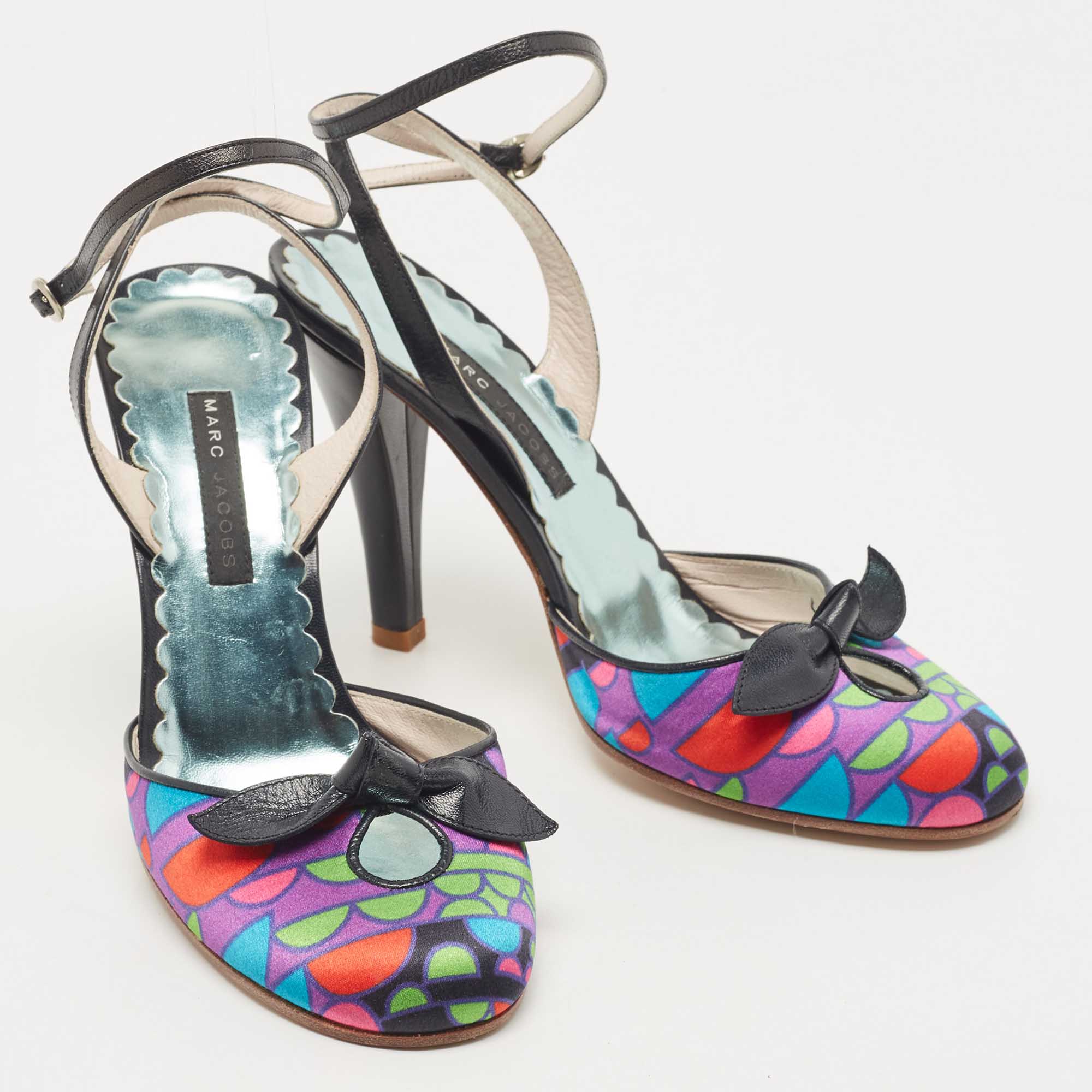 Marc Jacobs Multicolor Printed Satin And Leather Ankle Strap Sandals Size 37.5