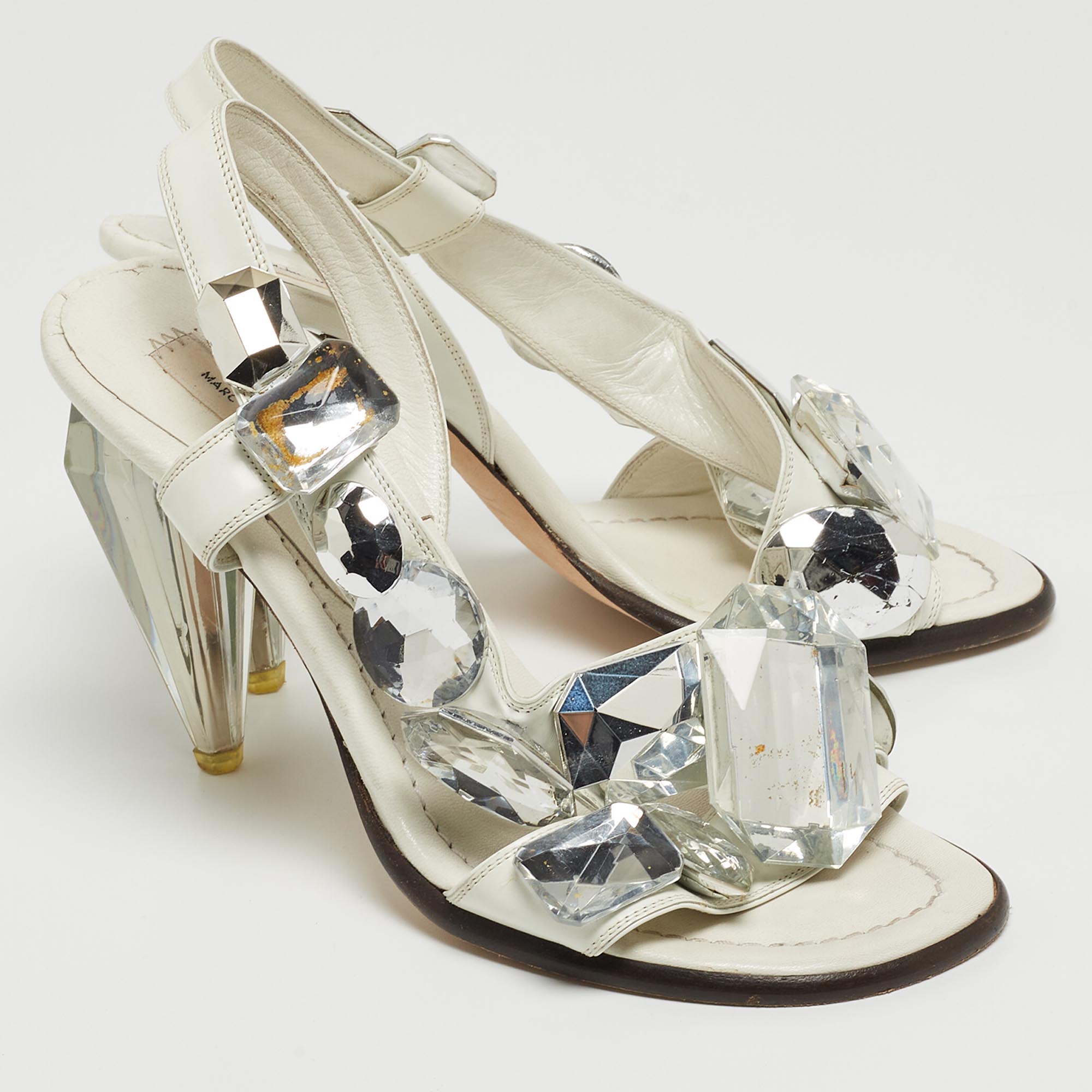 Marc By Marc Jacobs White Leather Crystal Embellished Slingback Sandals Size 37.5