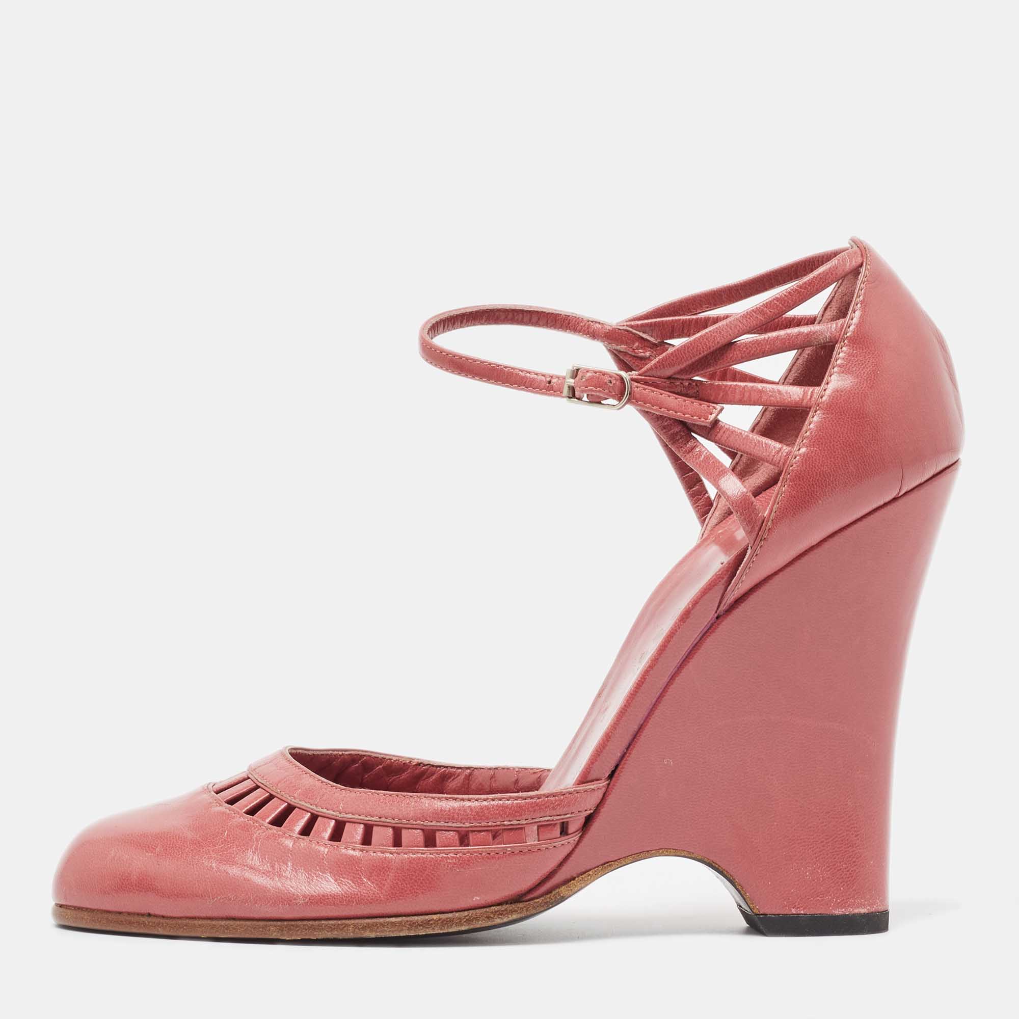 Marc jacobs pink leather ankle strap wedge pumps size 37