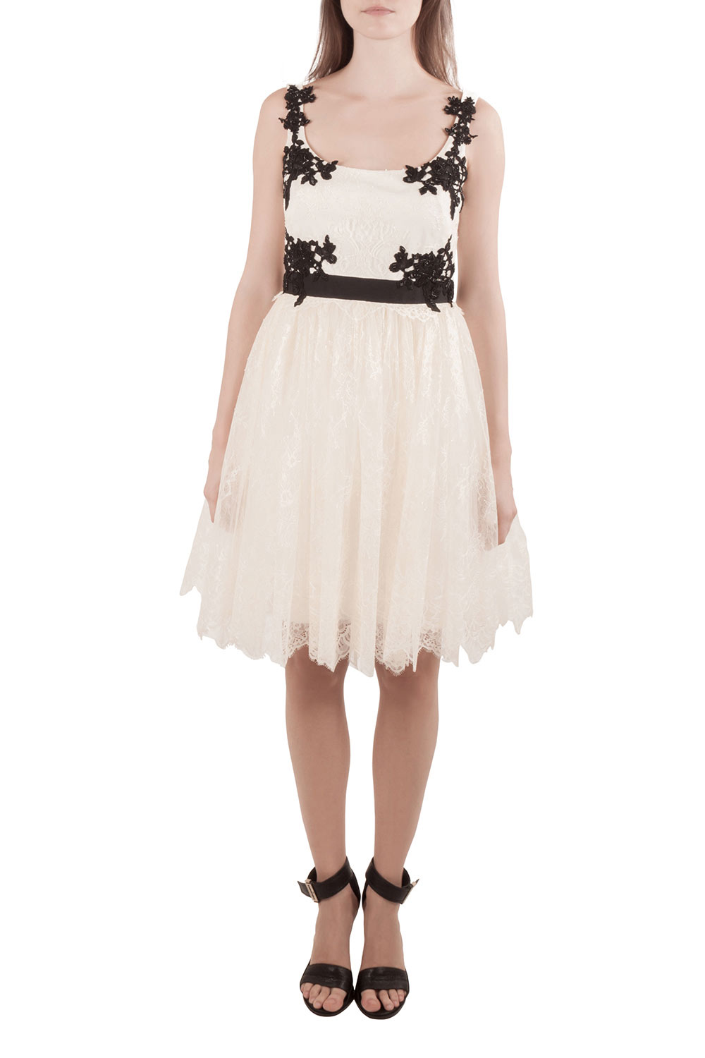 Image of Marchesa Notte Cream Floral Lace Embellished Applique Detail Scoop Neck Sleeveless Dress M