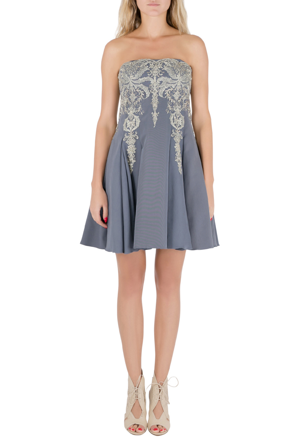 Image of Marchesa Notte Grey Cotton Silk Tulle Embroidered Applique Strapless Dress S
