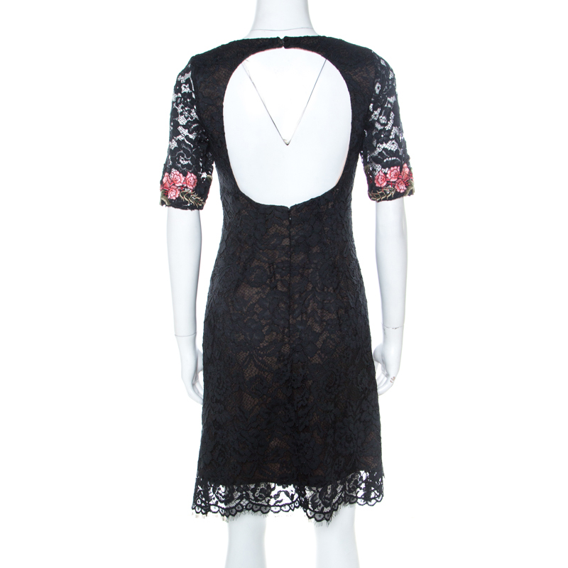 Marchesa Notte Black Lace Floral Applique Backless Short Dress S