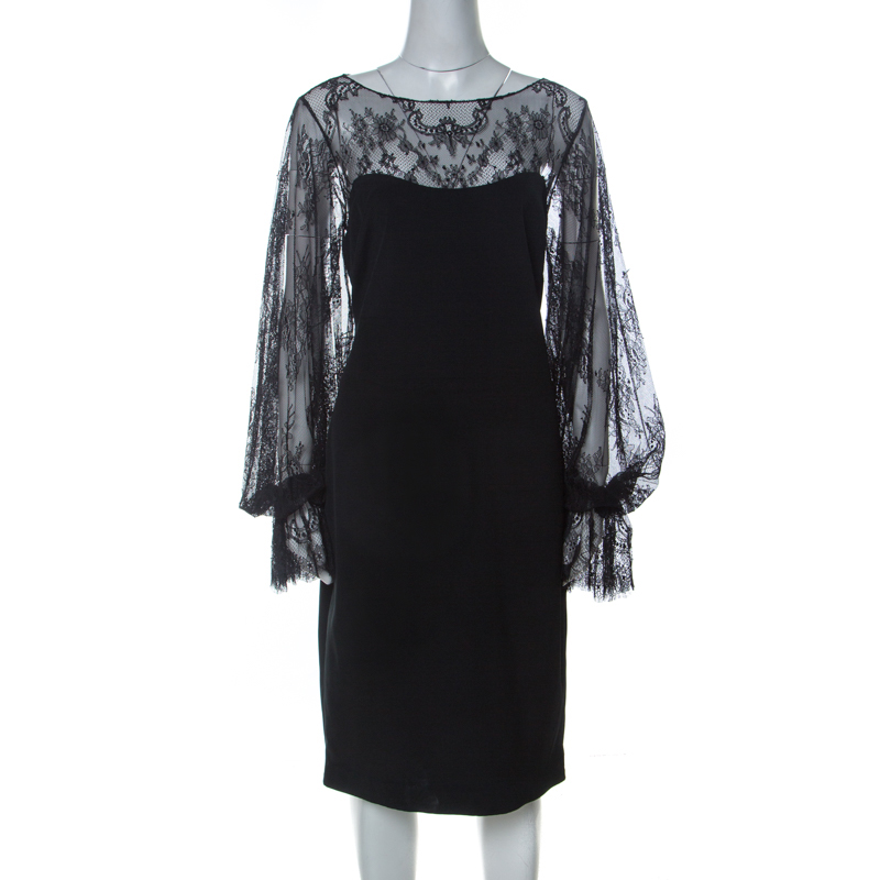 Image of Marchesa Notte Black Silk Sheer Lace Yoke Detail Shift Dress L