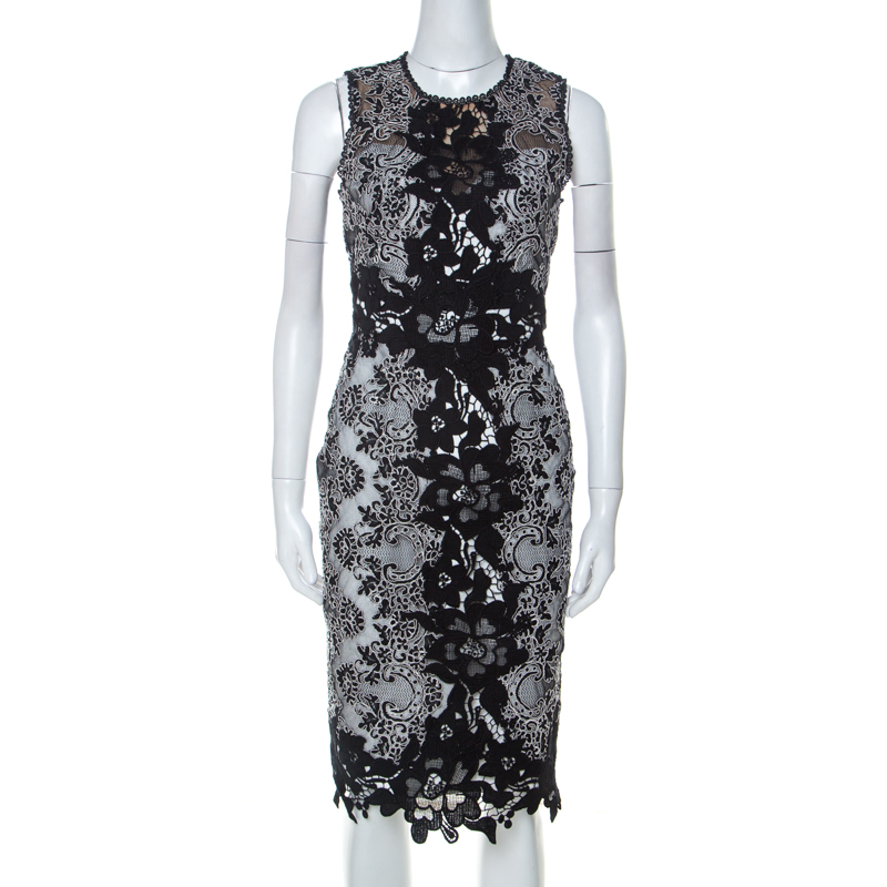 Marchesa notte monochrome floral lace sleeveless pencil dress s