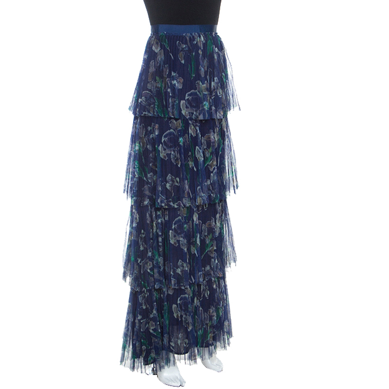 Marchesa Voyage Iris Blue Printed Tulle Pleated Column Skirt M