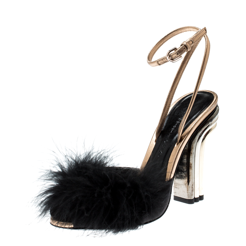 Image of Marco De Vincenzo Black Feathers Embellished Ankle Strap Sandals Size