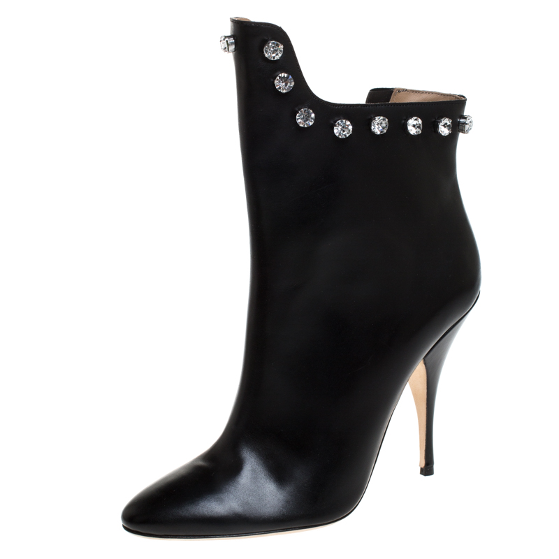 Image of Marco De Vincenzo Black Leather And PVC Crystal Studded Trim Ankle Boots Size