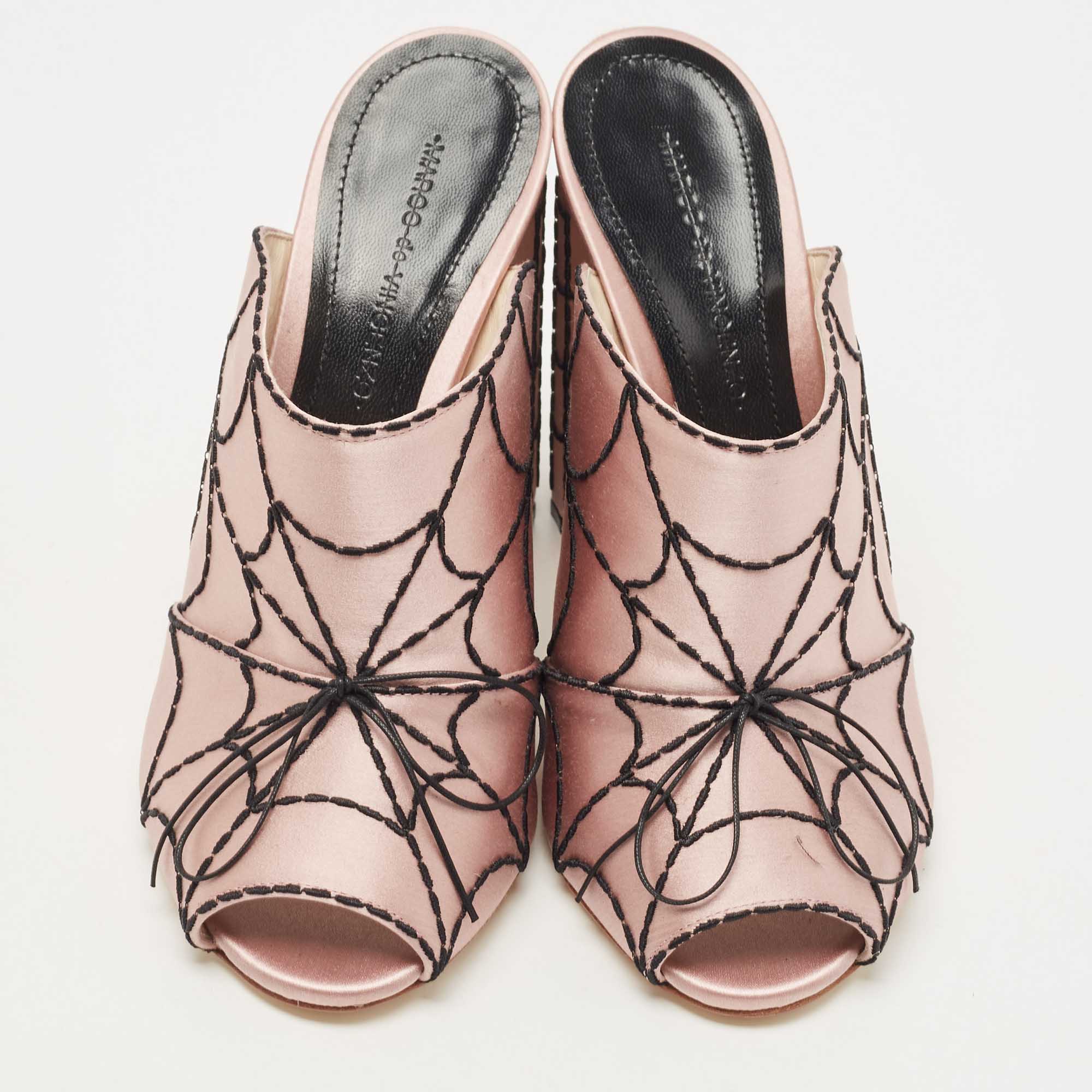 Marco De Vincenzo Pink Satin Embroidered Spider Web Mules Size 39
