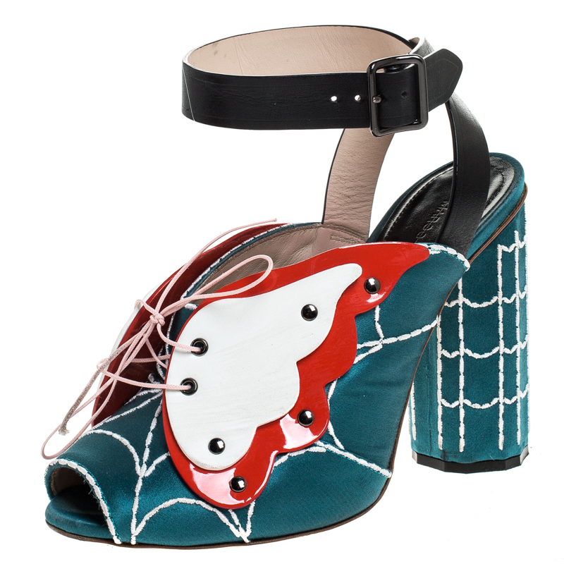 Image of Marco de Vincenzo Multicolor Satin and Leather Butterfly Web Ankle Strap Sandals Size