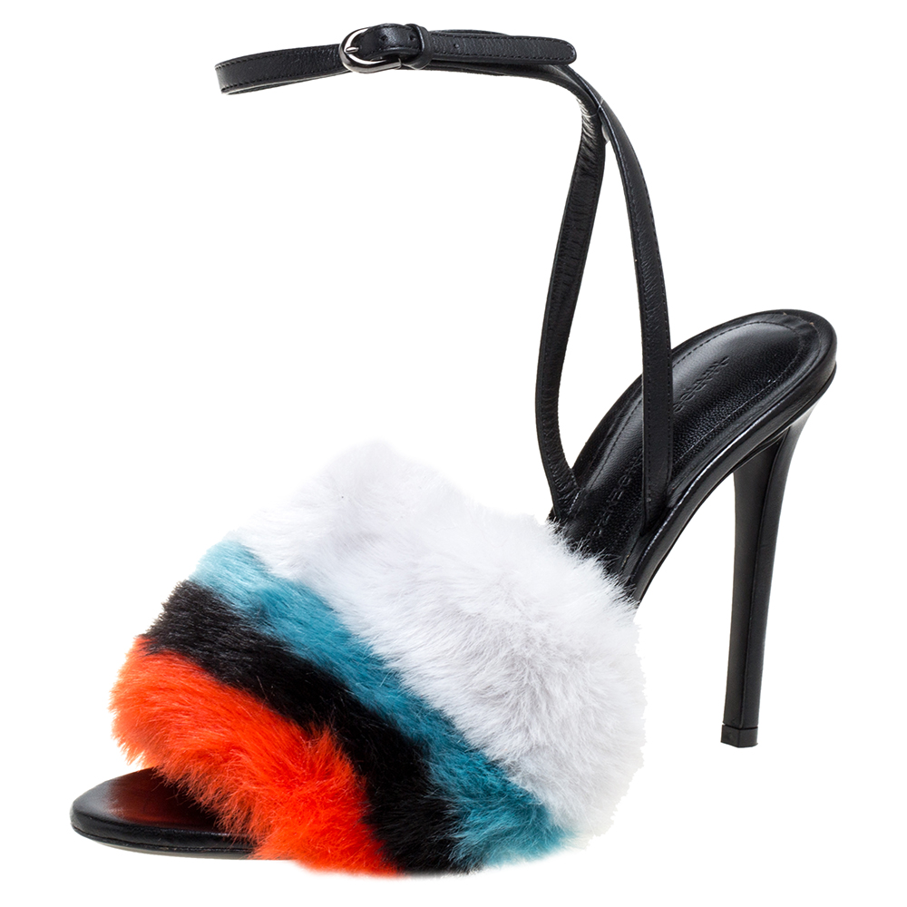 Image of Marco De Vincenzo Multi Color Leather and Striped Faux Fur Slingback Sandals Size .