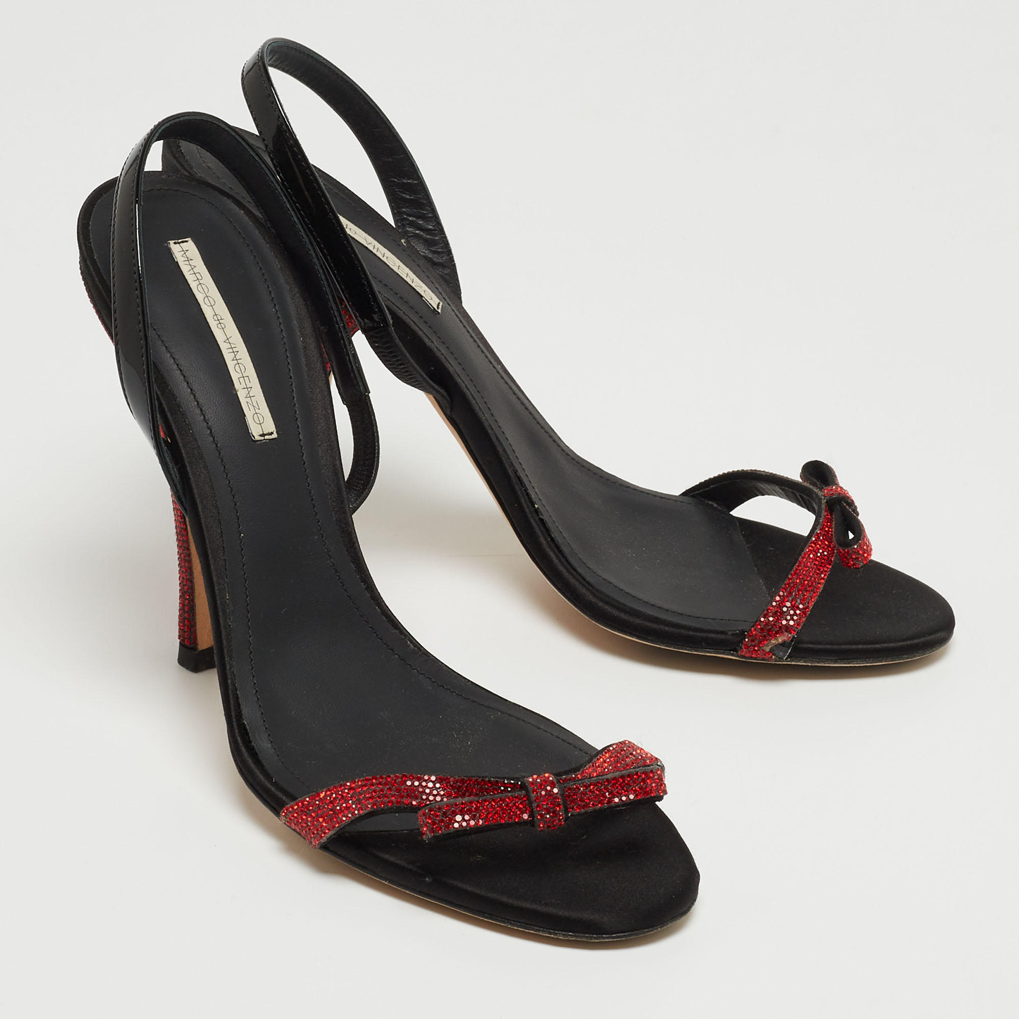 Marco De Vincenzo Red/Black Crystal Embellished Leather Bow Slingback Sandals Size 39