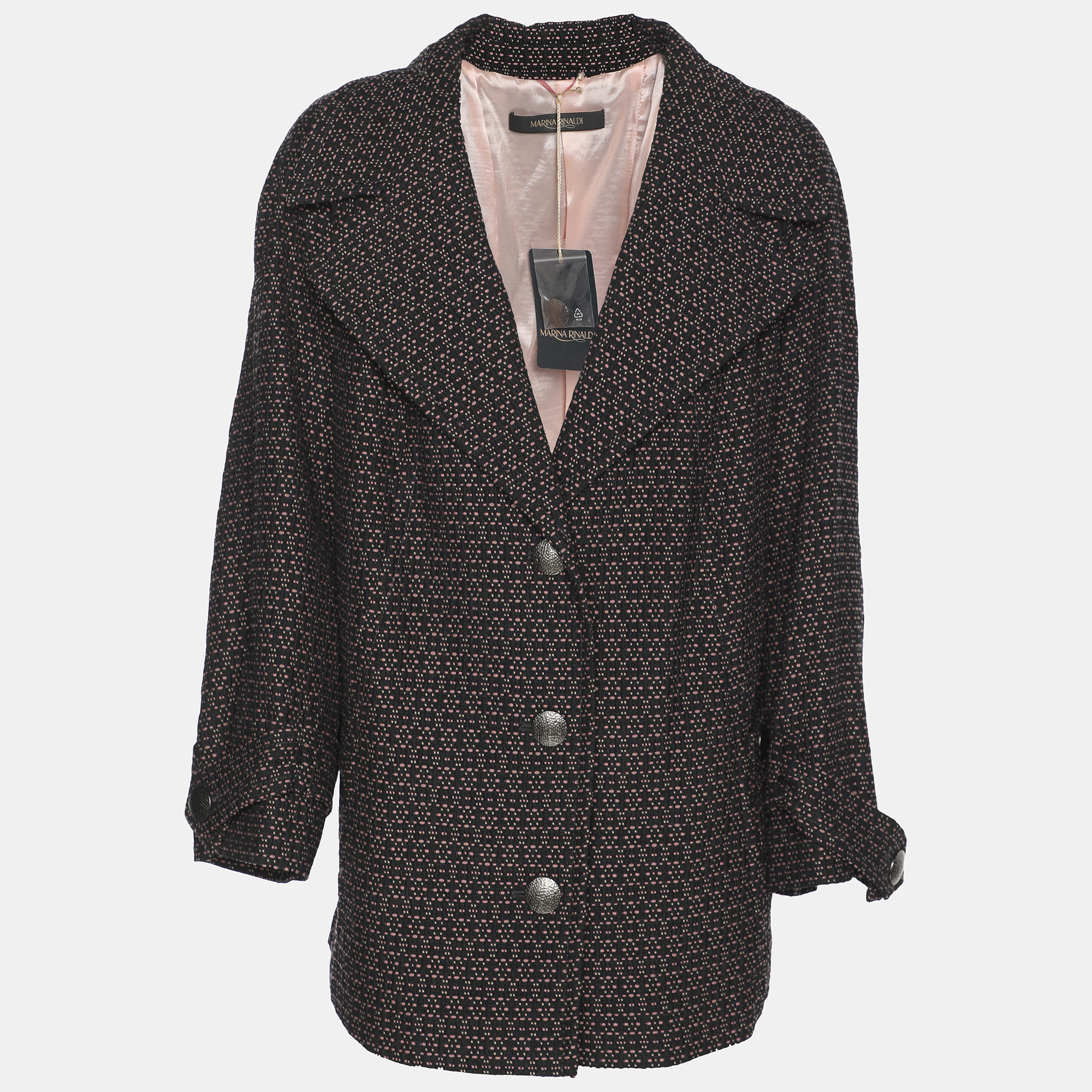 Marina Rinaldi Black/Pink Patterned Jacquard Knit Single Breasted Blazer L, Grey
Marina Rinaldi Black/Pink Patterned Jacquard Knit Single Breasted Blazer L, Grey
