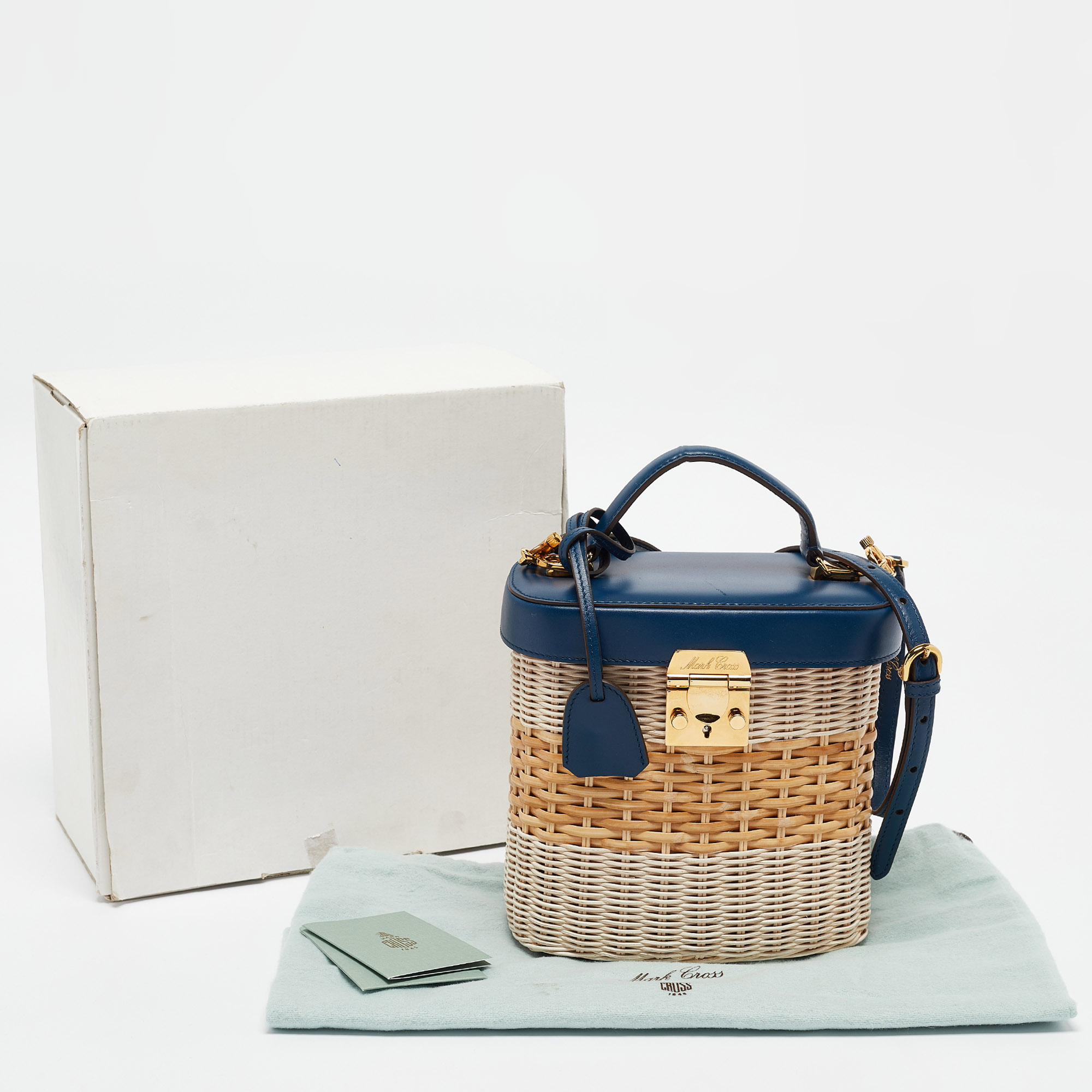 Mark Cross Navy Blue/Tan Rattan Benchley Top Handle Bag