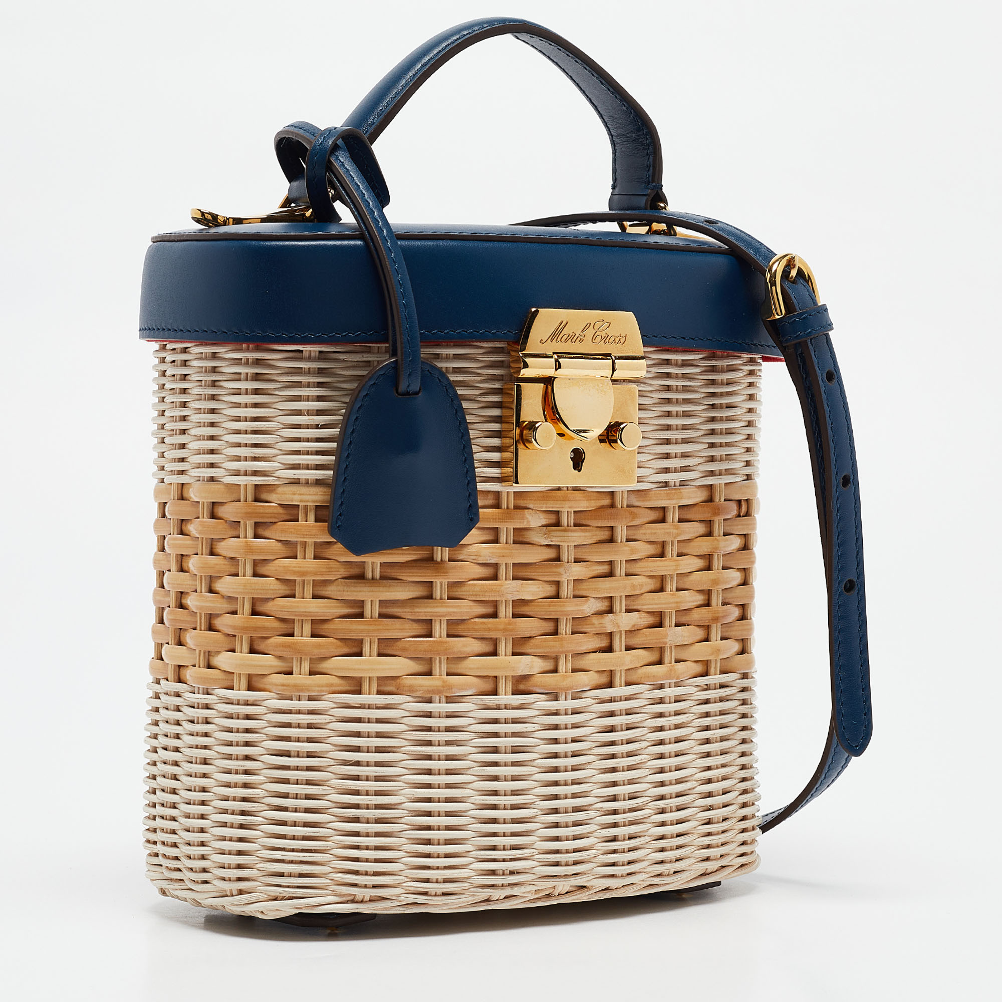 Mark Cross Navy Blue/Tan Rattan Benchley Top Handle Bag