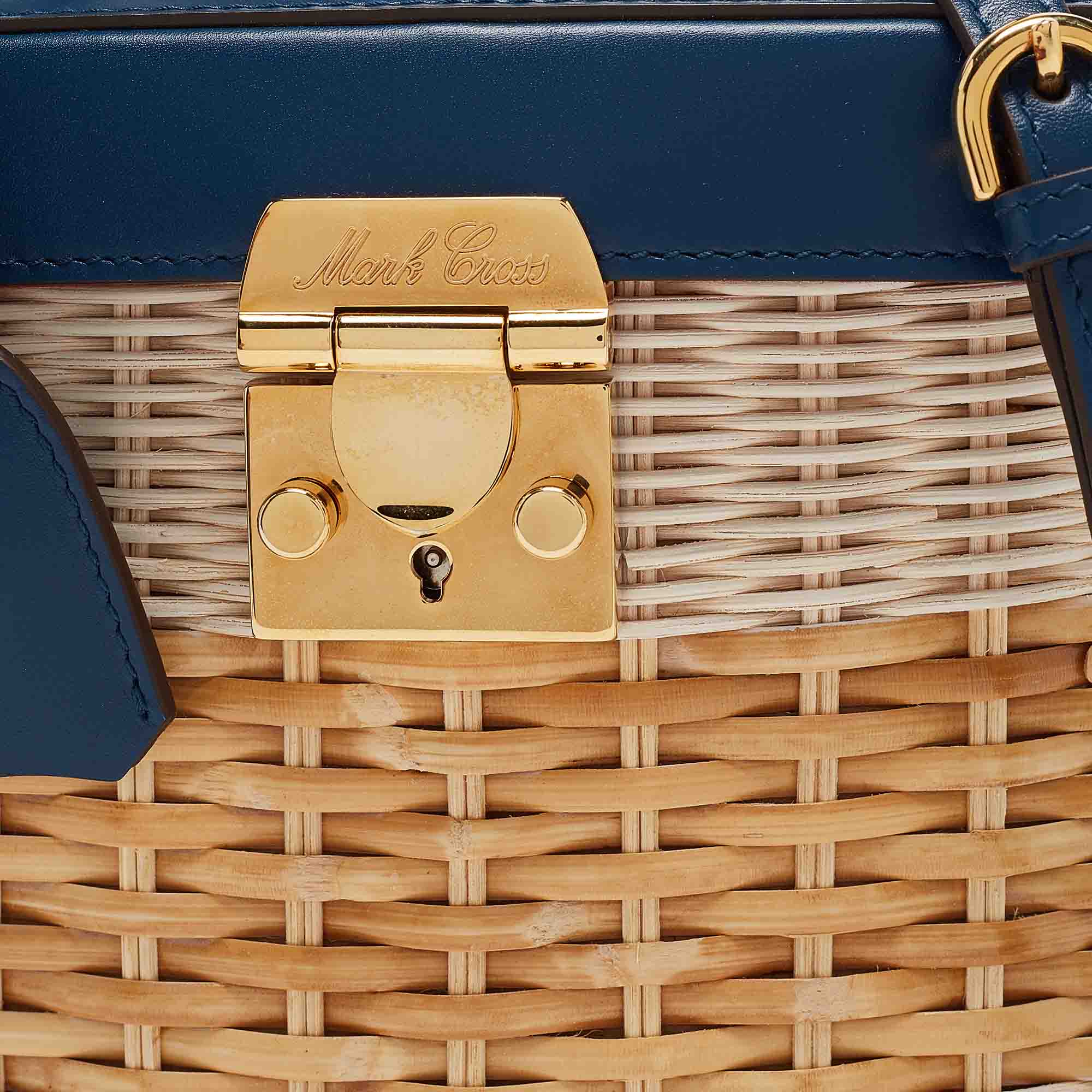 Mark Cross Navy Blue/Tan Rattan Benchley Top Handle Bag