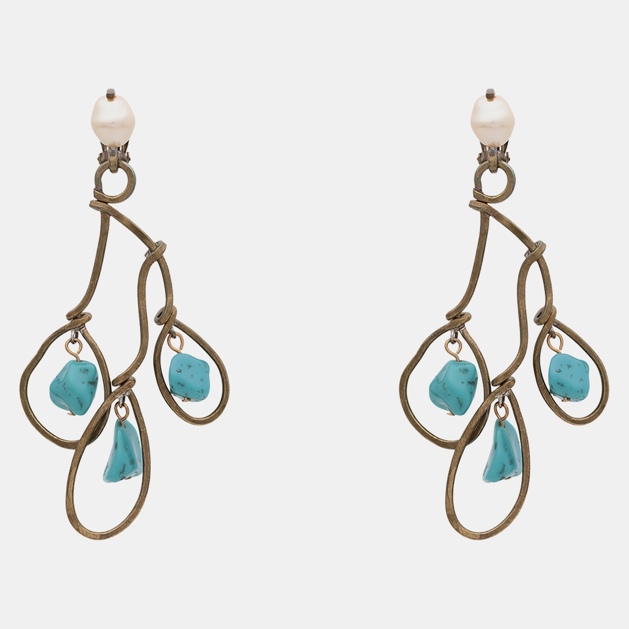 Marni blue resin faux pearl gold tone long clip-on earrings