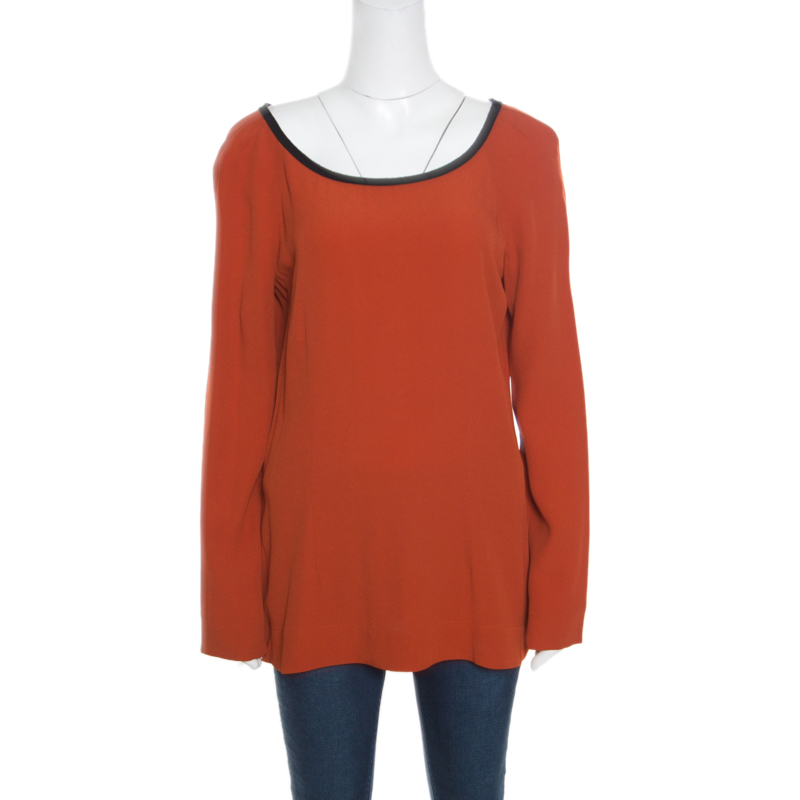 Image of Marni Burnt Orange Crepe Contrast Neck Tie Long Sleeve Top M