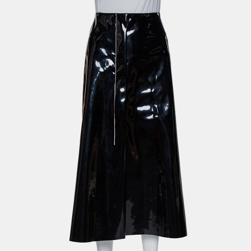 Marni black faux patent leather hanging thread detail midi skirt m