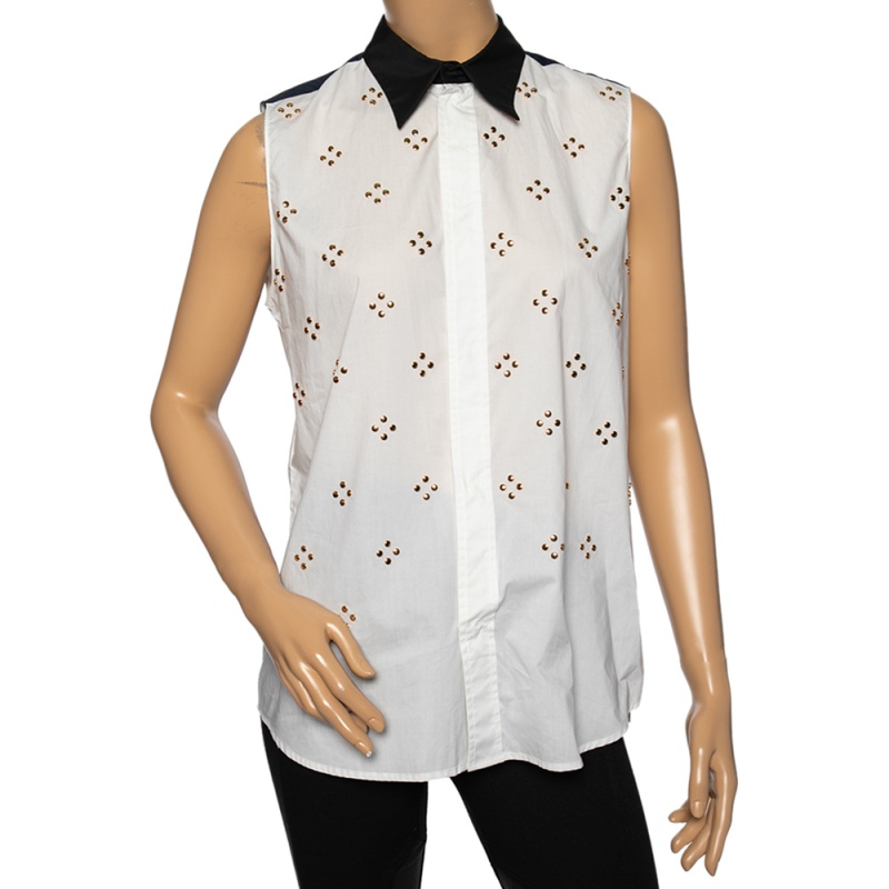 Marni white embellished poplin contrast collar & yoke detailed sleeveless shirt m