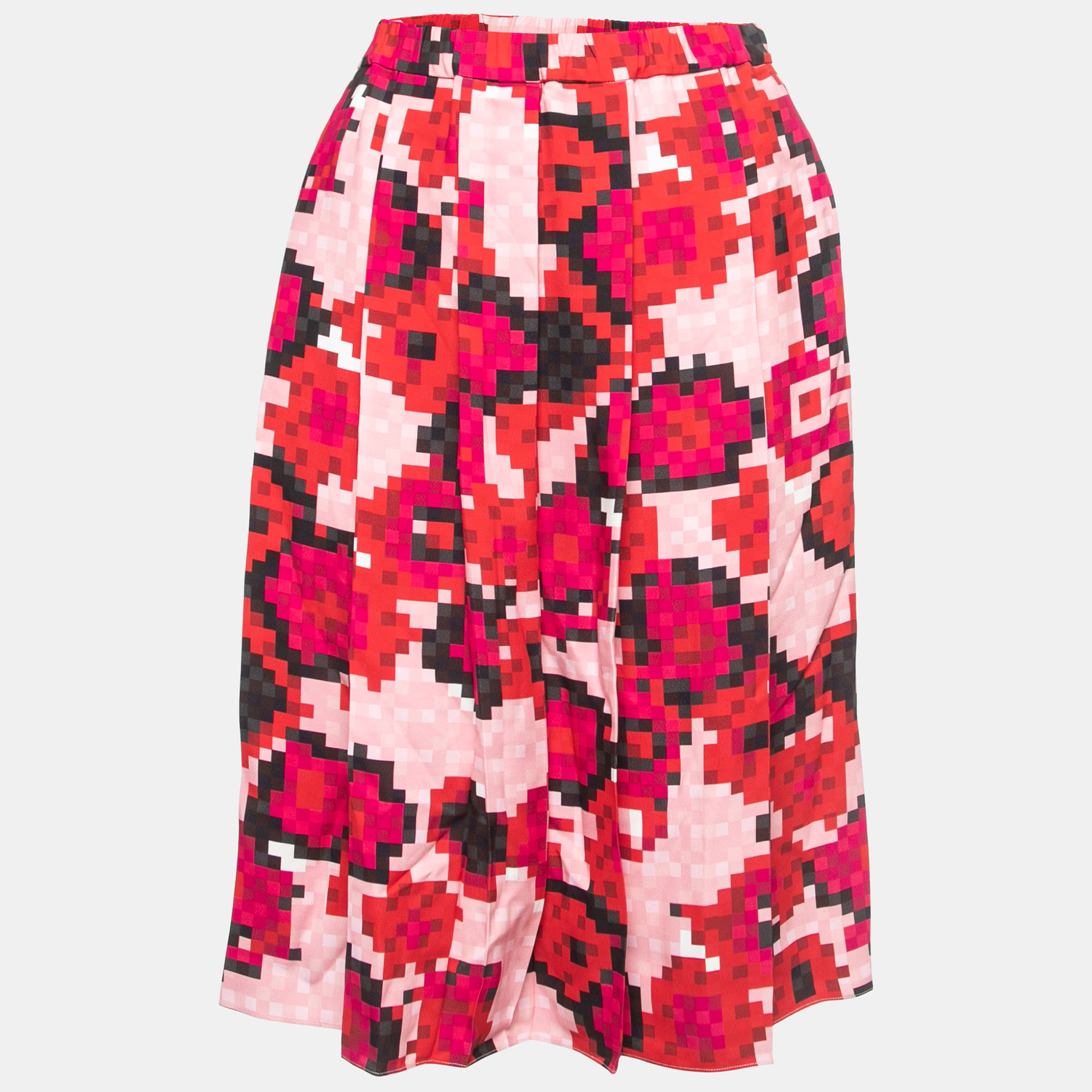 Marni Pink Digital Print Crepe Pleated Flared Midi Skirt M