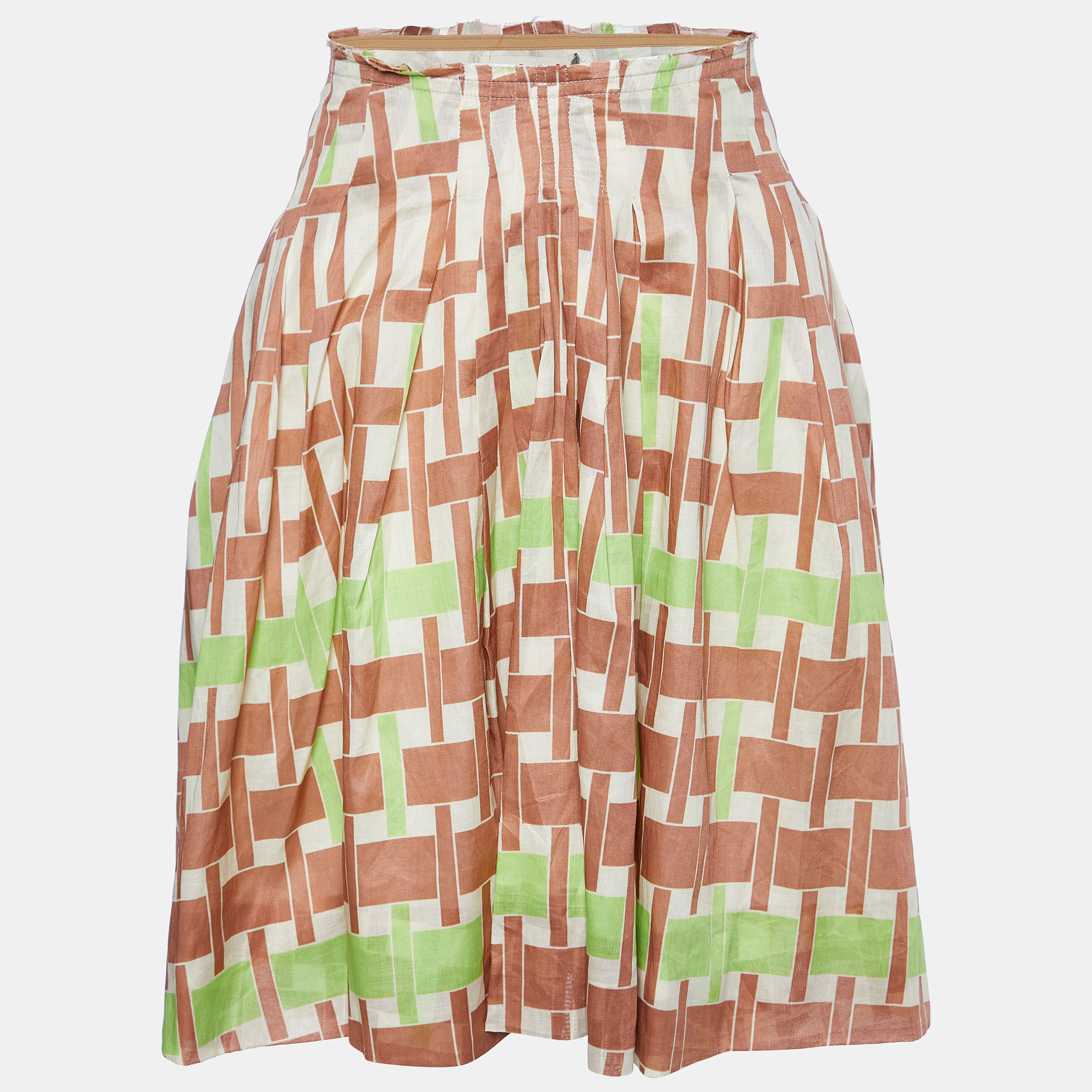 Marni multicolor printed cotton frayed waist detail midi skirt s
