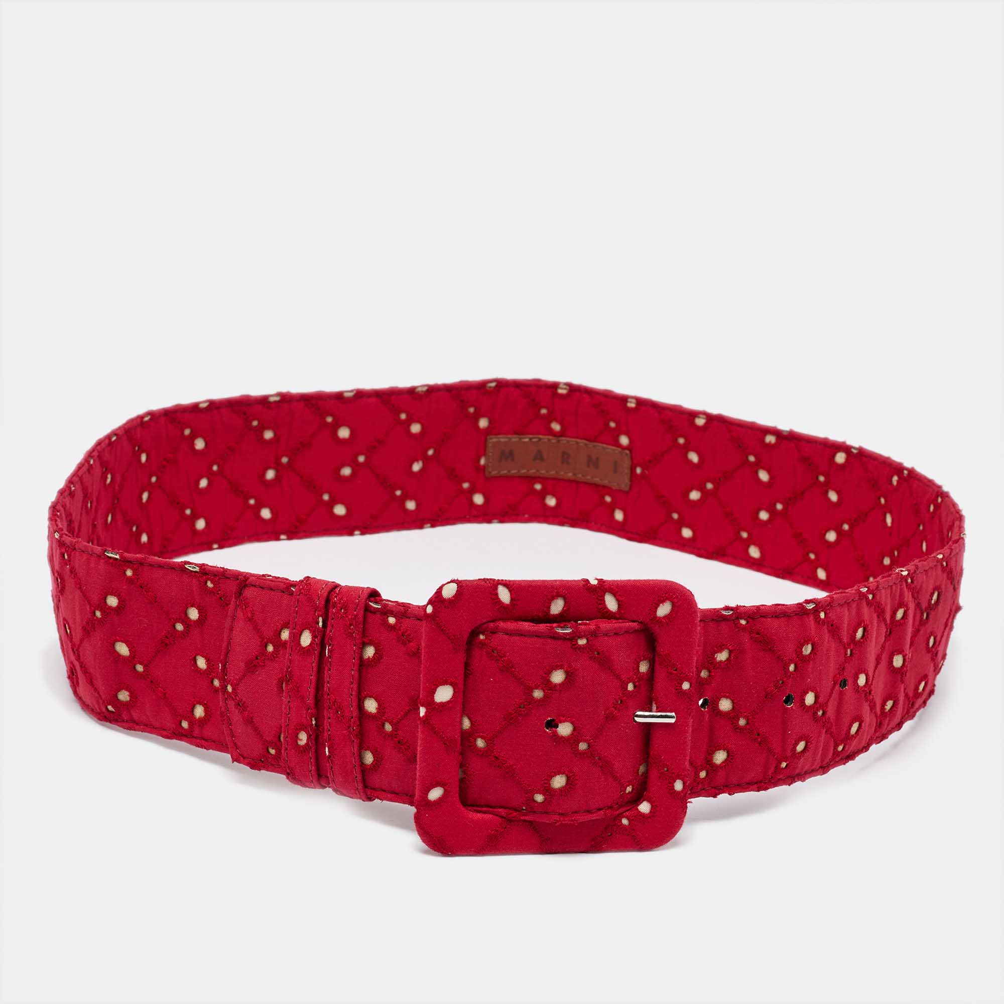 Marni red/beige perforated fabric buckle belt m