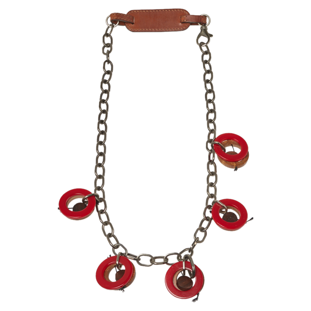 Marni Red Resin And Wood Leather Tag Necklace