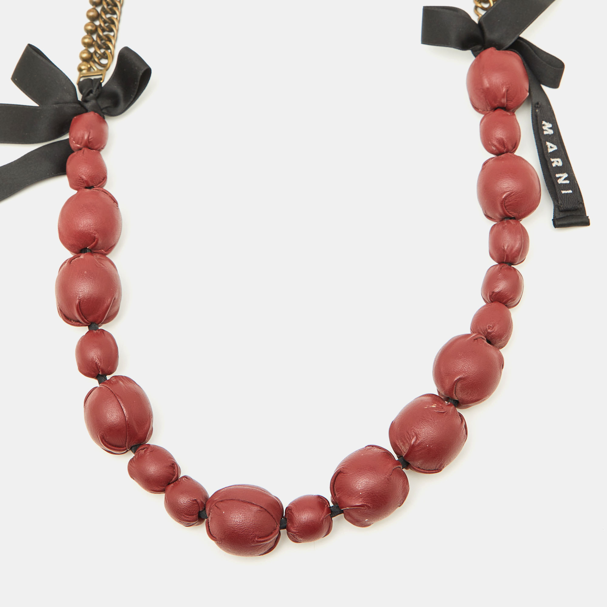 Marni Burgundy Leather & Aged Gold Tone Chain Statement Necklace