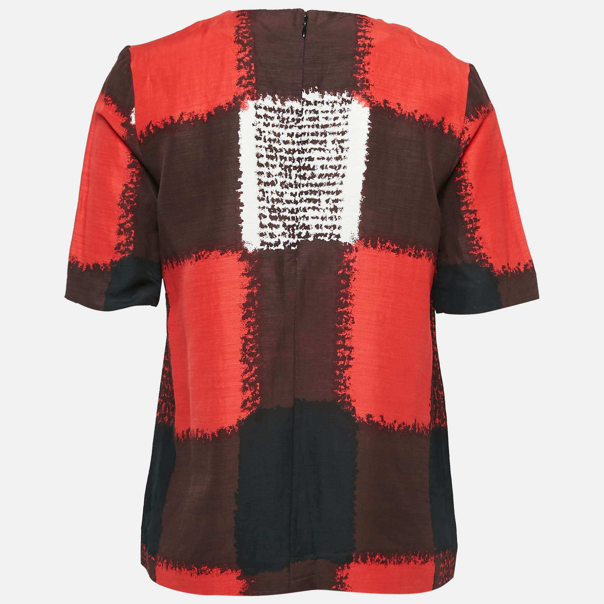 Marni Red Checks Print Crepe Short Sleeve Top S