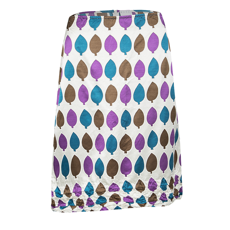 

Marni Multicolor Leaf Print Ruched Hem Detail Satin Skirt