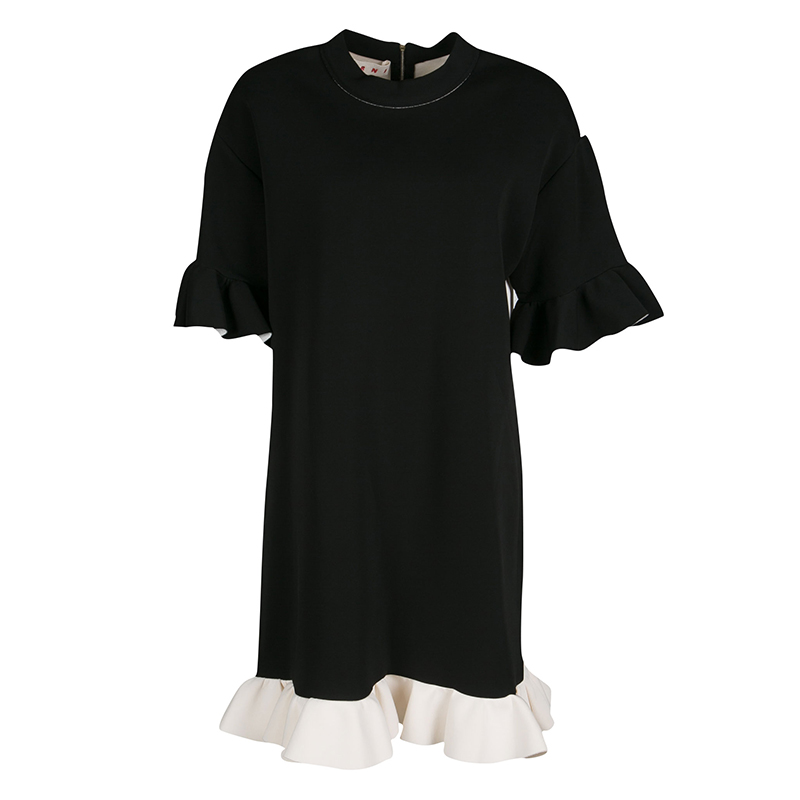 Image of Marni Monochrome Ruffle Trim Shift Dress S