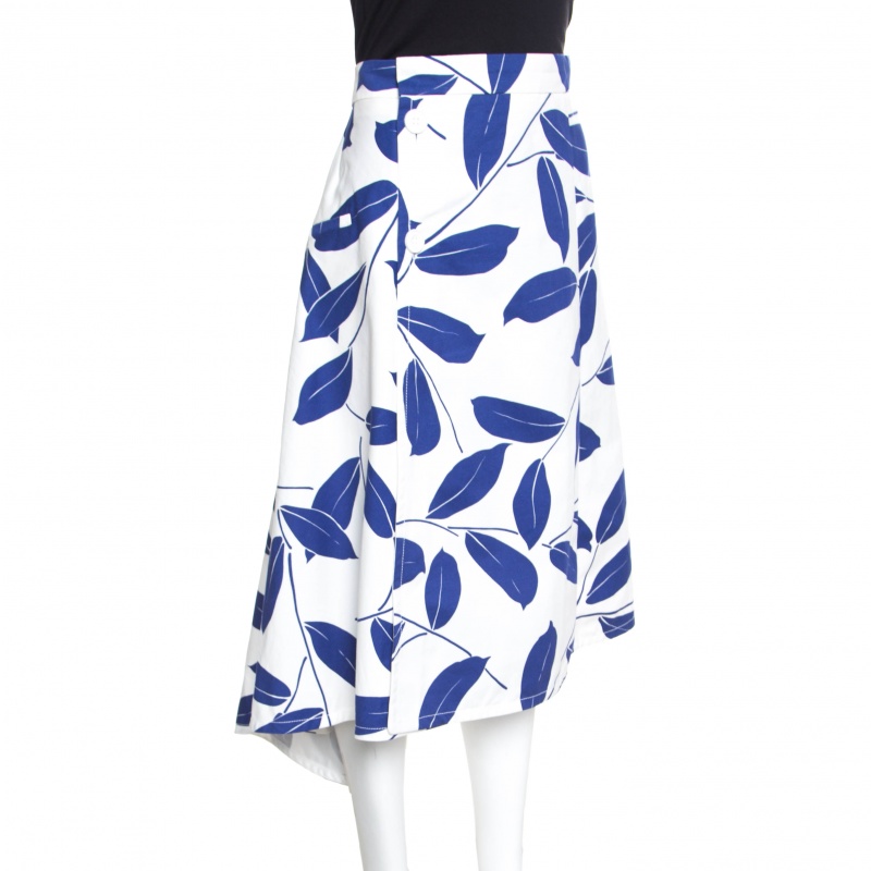 Marni White And Blue Leaf Print Cotton And Linen Drill Wrap Skirt M