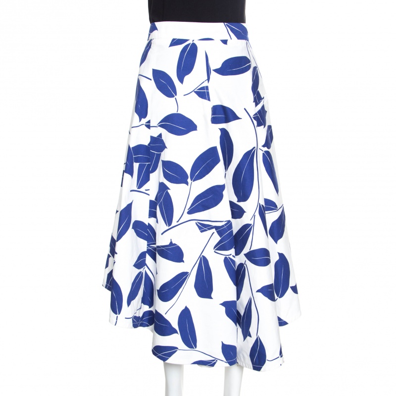 Marni White And Blue Leaf Print Cotton And Linen Drill Wrap Skirt M