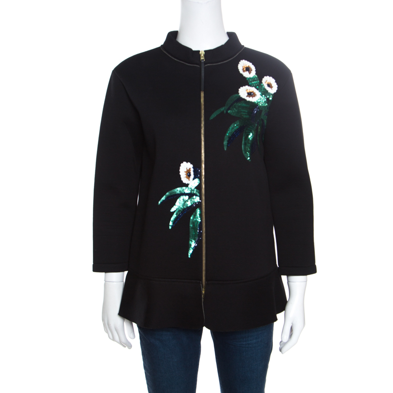Image of Marni Black Floral Sequin Embellished Zip Front Padded Jacket M