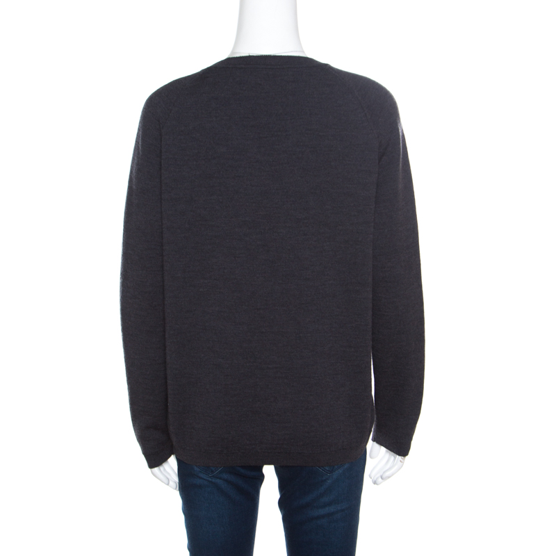 Marni Dark Grey Wool Crystal Embellished V Neck Sweater M