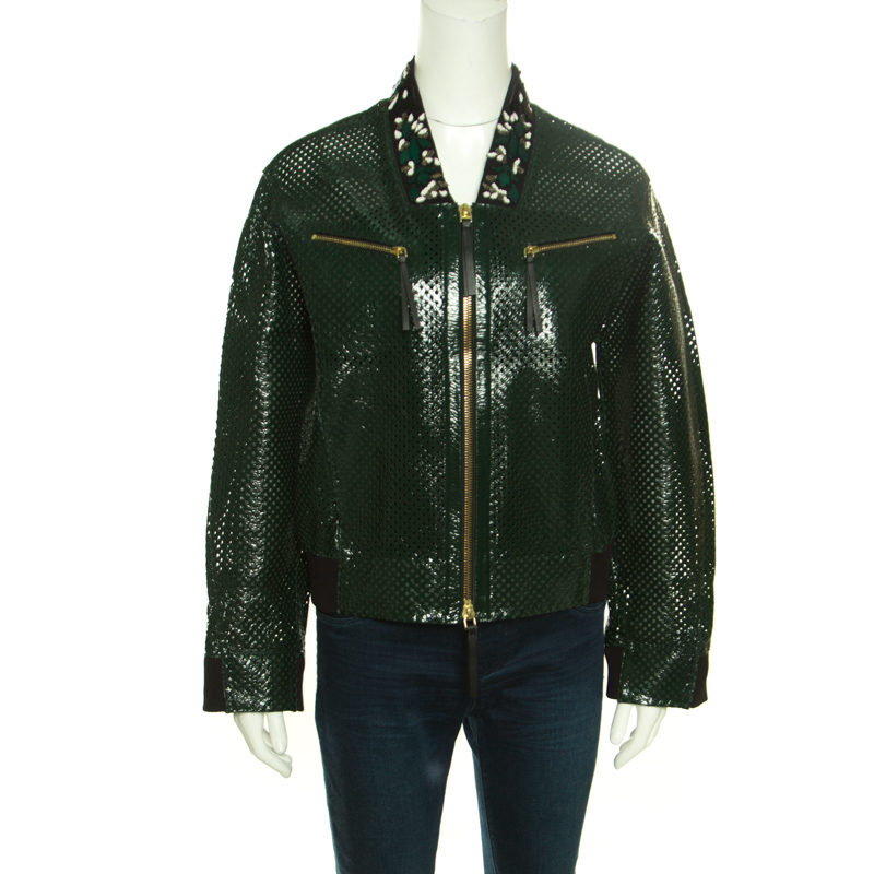 Marni emerald green perforated leather floral embellished detail bomber jacket s