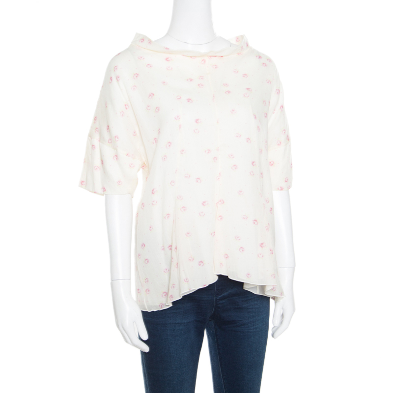 Marni Cream Floral Printed Cotton Dolman Sleeve Flared Top M