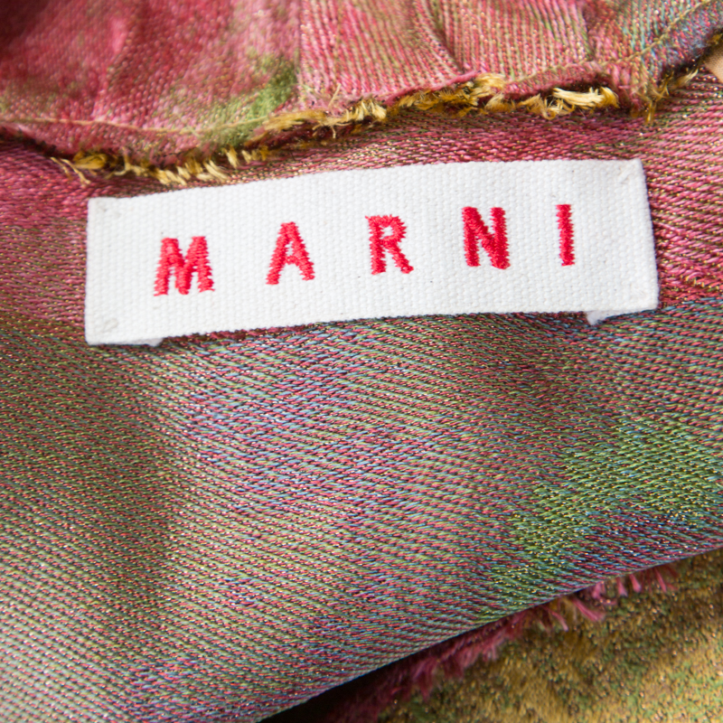 Marni Gold Floral Jacquard Frayed Trim Detail Cap Sleeve Top S