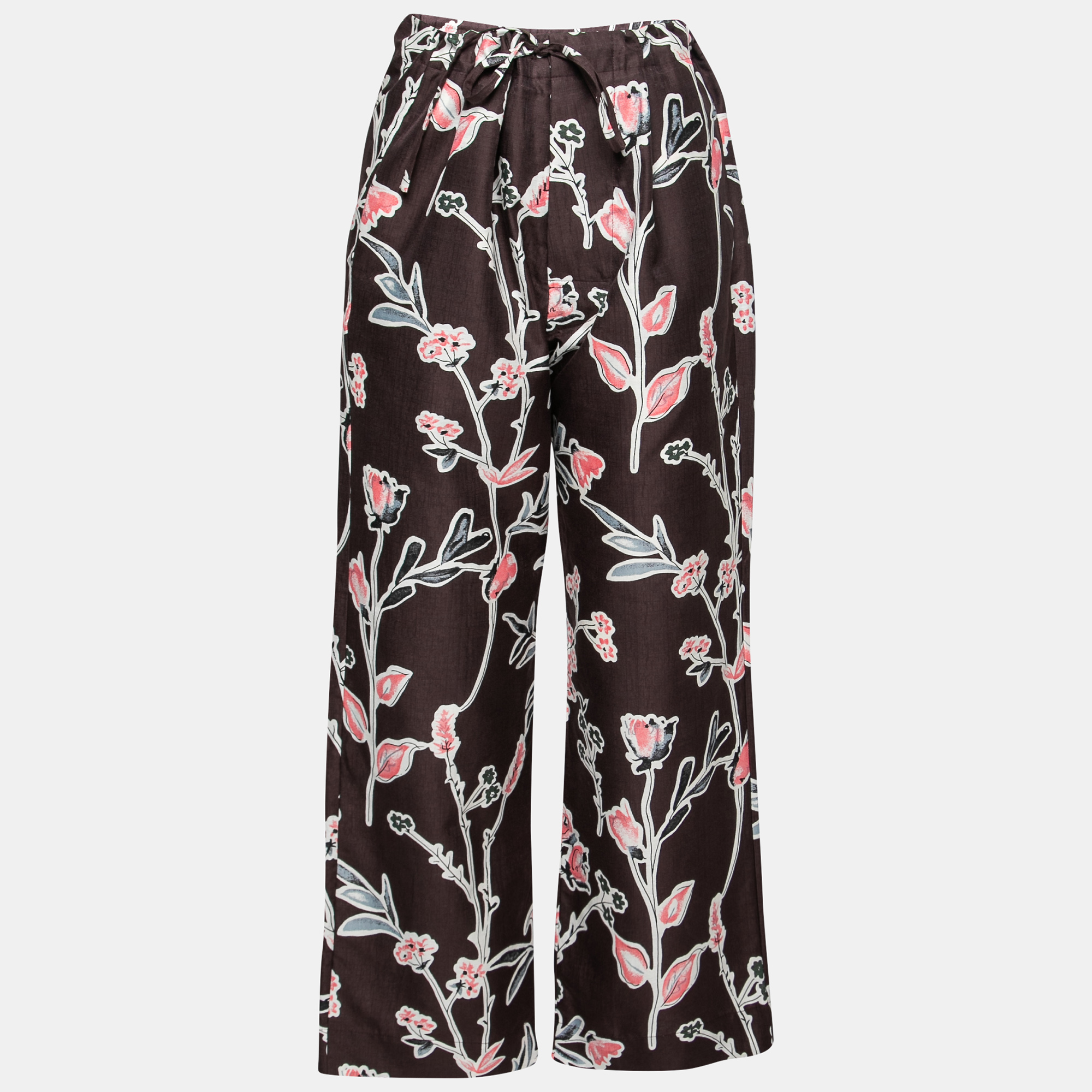 Marni dark raisin honan kew print cotton silk wide leg trousers s