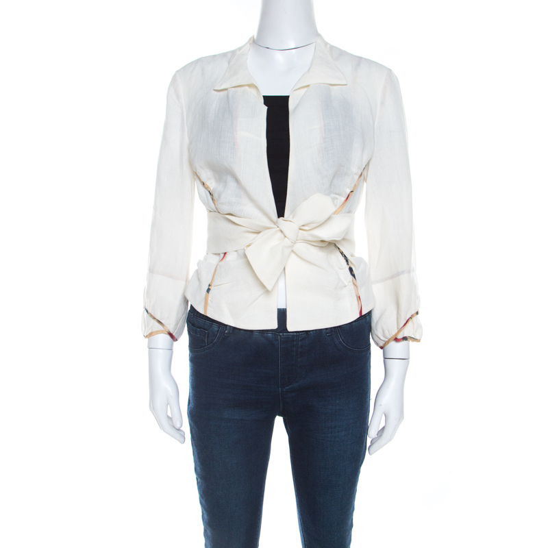 Marni Off White Linen Contrast Piping Detail Belted Jacket M