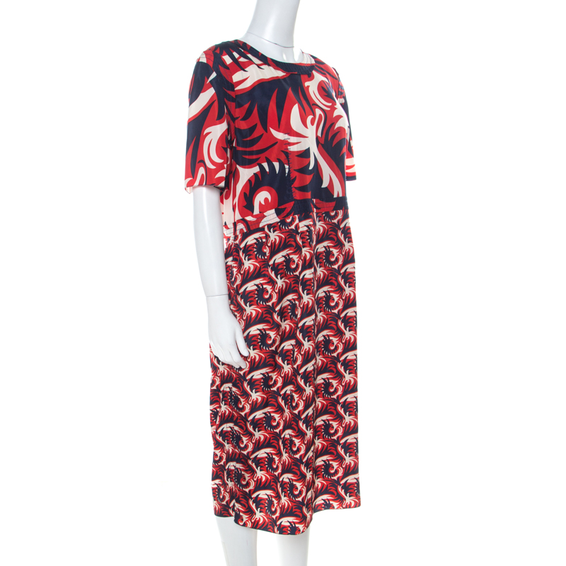 Marni Red & Blue Mixed Print Silk Blend Short Sleeve Dress M